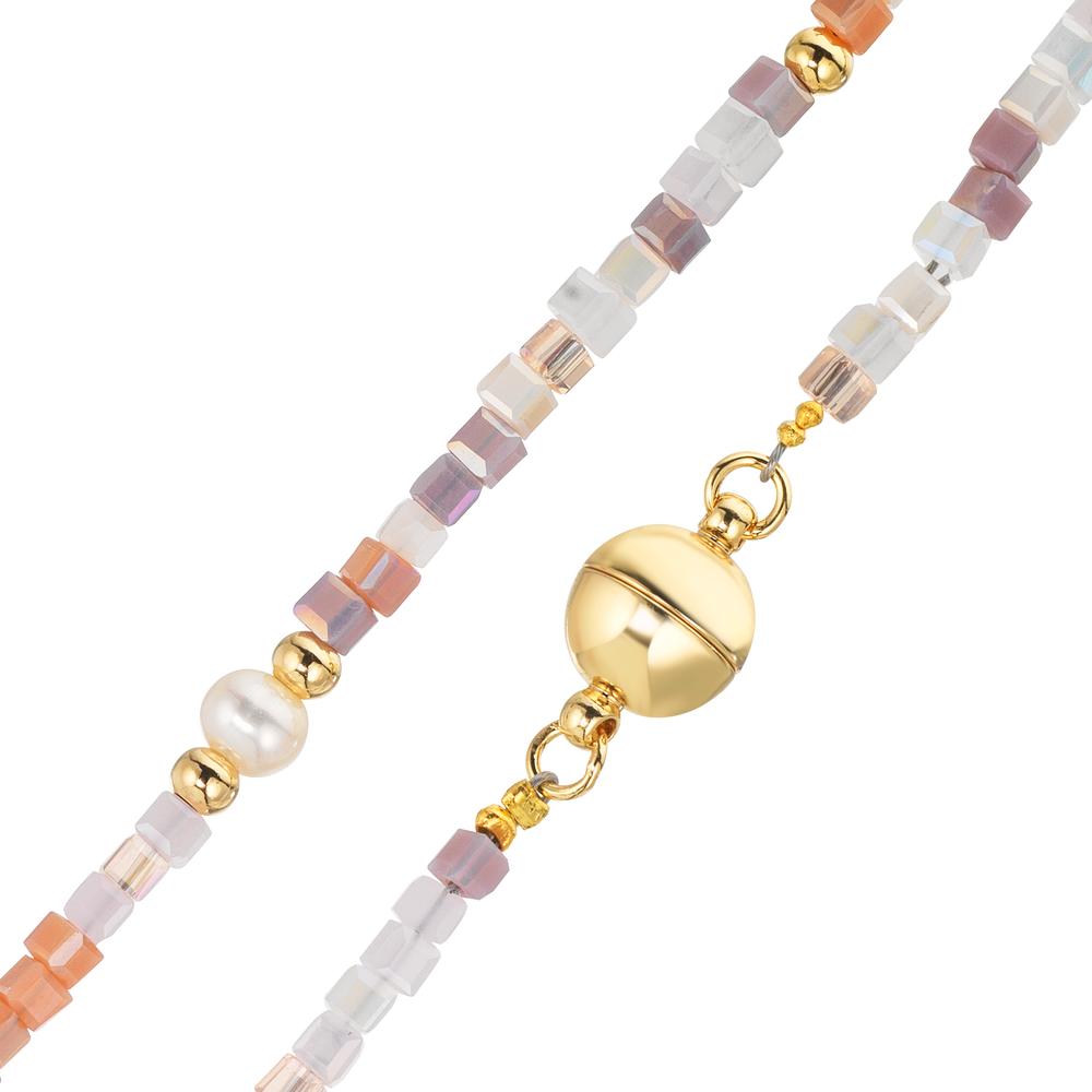 Necklace Stainless steel Crystal Rose Yellow IP coated Freshwater pearl, 5 Pearls 4-4.5 mm 43 cm