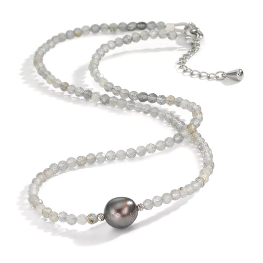 Necklace Stainless steel Labradorite Gray, 3 mm Tahitian pearl, 9.5 mm 43-47 cm