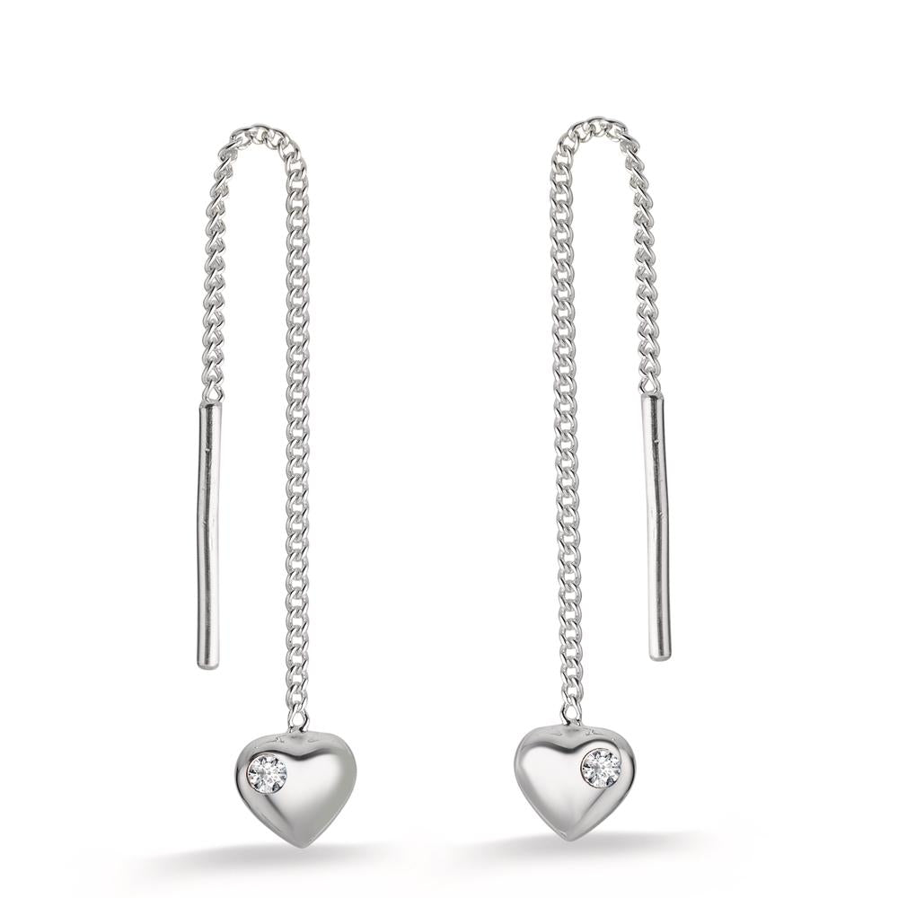 Threader Earrings Silver Zirconia 2 Stones Rhodium plated Heart