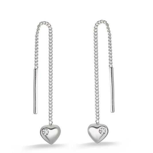 Threader Earrings Silver Zirconia 2 Stones Rhodium plated Heart