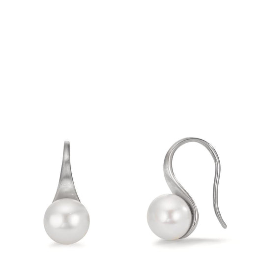 Drop Earrings Silver Rhodium plated Freshwater pearl, 2 Pearls, 8 mm