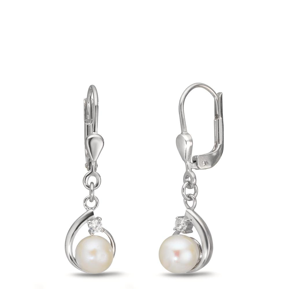 Drop Earrings Silver Zirconia 2 Stones Rhodium plated Freshwater pearl, 2 Pearls, 5.5 mm