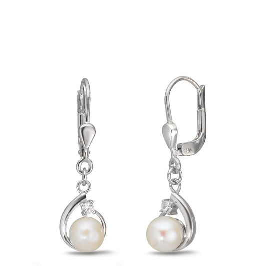 Drop Earrings Silver Zirconia 2 Stones Rhodium plated Freshwater pearl, 2 Pearls, 5.5 mm