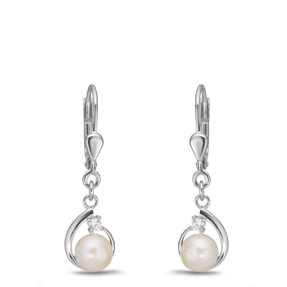 Drop Earrings Silver Zirconia 2 Stones Rhodium plated Freshwater pearl, 2 Pearls, 5.5 mm