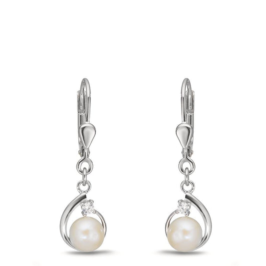 Drop Earrings Silver Zirconia 2 Stones Rhodium plated Freshwater pearl, 2 Pearls, 5.5 mm