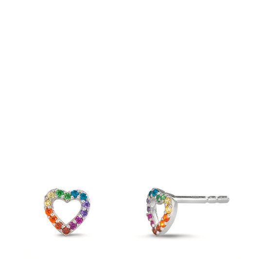 Stud earrings Silver Zirconia Rainbow-colored Rhodium plated Heart Ø6 mm