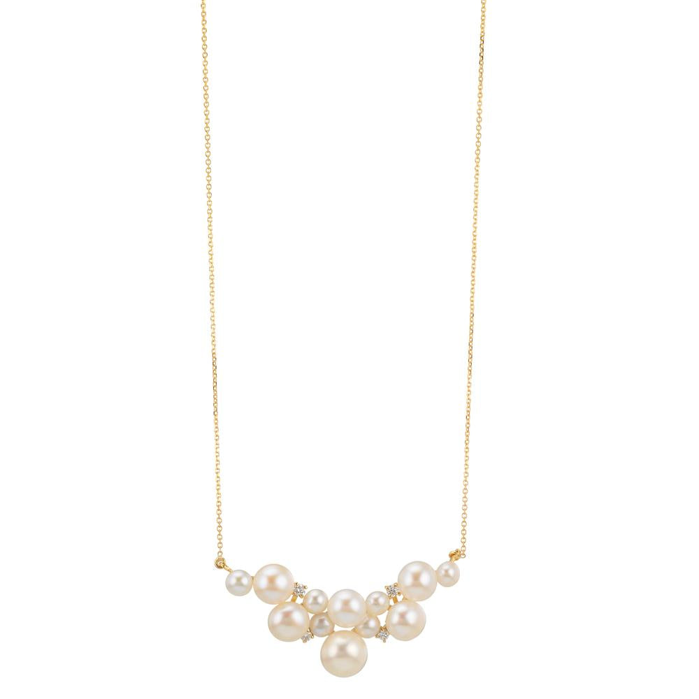 Necklace 18k Yellow Gold Diamond 0.08 ct, 4 Stones, w-si Freshwater pearl, 12 Pearls 3.5-6.5 mm 42-45 cm
